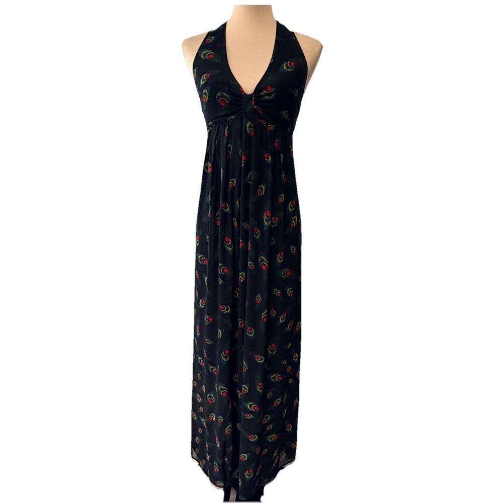 Y2K‎ Babydoll Halter Maxi Dress Small Mess Black Peacock Feathers Goth Festival
